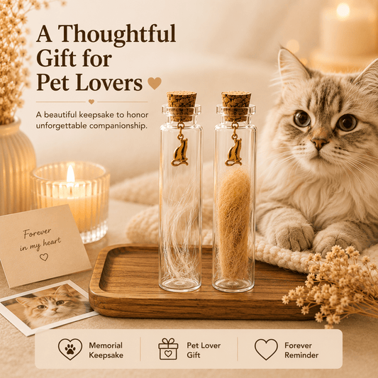 Pet Hair Keepsake Jar Set 2pcs – Glass Memory Bottles with Golden Cat Charm for Pet Fur, Whiskers & Handwritten Notes, Cat & Dog Memorial Gift for Pet Lovers