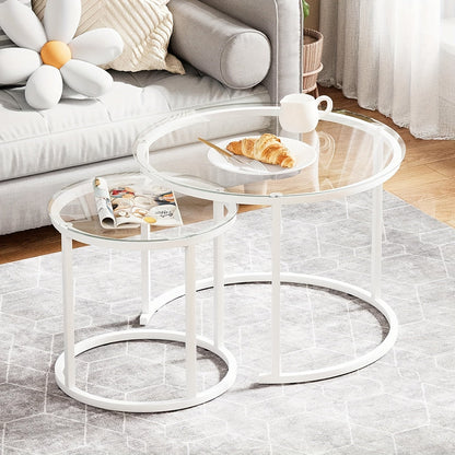 Nesting Glass Coffee Tables Set of 2 – Round Modern Industrial Metal Frame Side Tables for Living Room Bedroom in Clear Gray Striped & Tea Glass with Gold or Black Frame