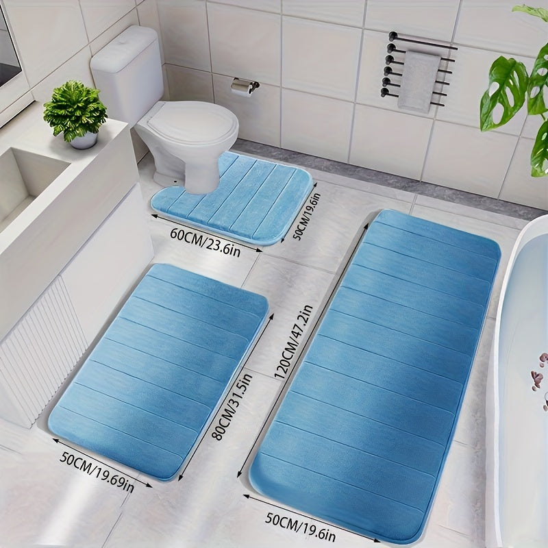 3-Piece Memory Foam Striped Bath Mat Set - Non-Slip, Thickened, Quick-Dry & Machine Washable - Soft Bathroom & Shower Room Mats - 10 Colors