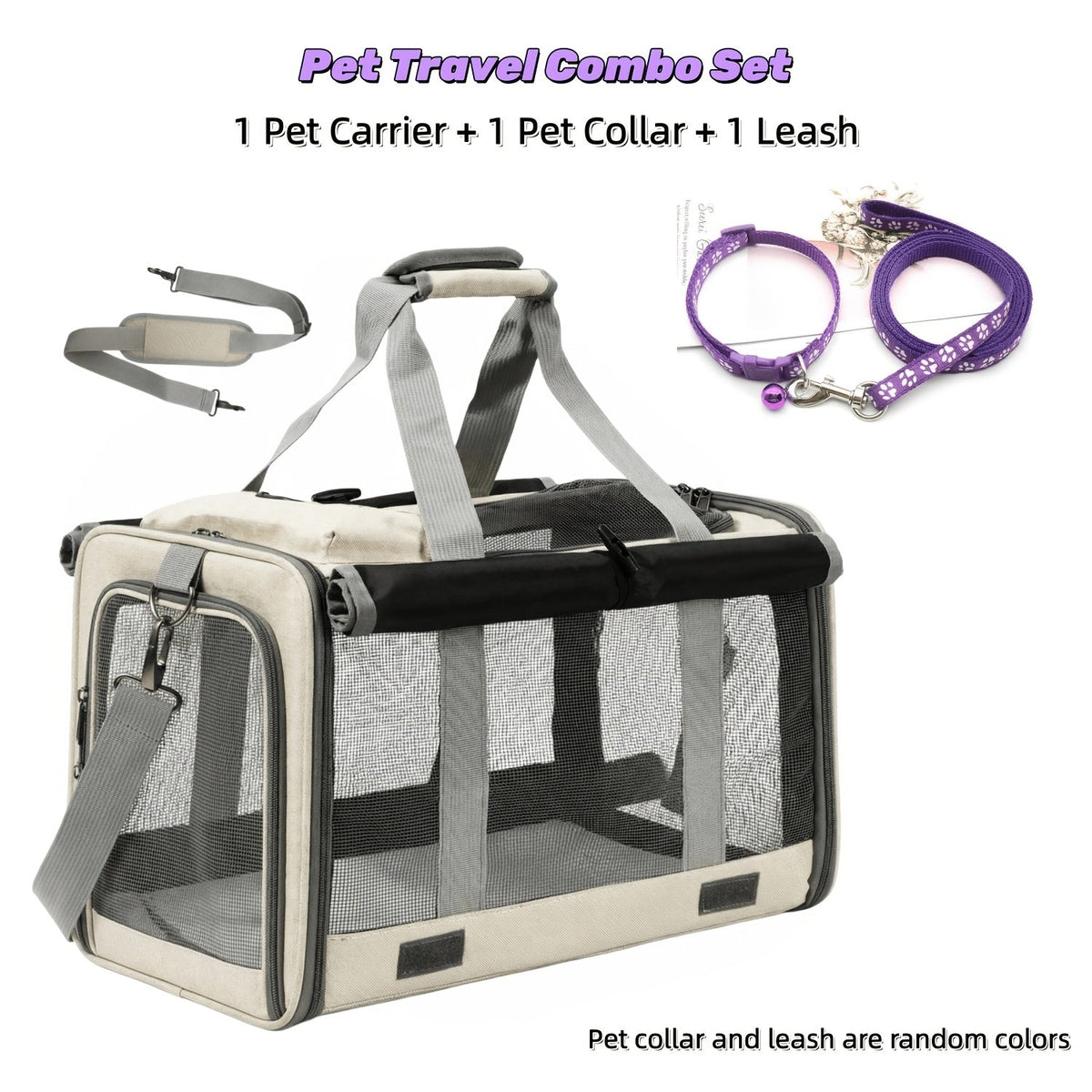 Airline Approved Soft-Sided Pet Carrier for Cats and Small Dogs - Breathable Collapsible Oxford Cloth Travel Crate with Privacy Cover Zipper Closure, Combo Set with Leash and Collar Included