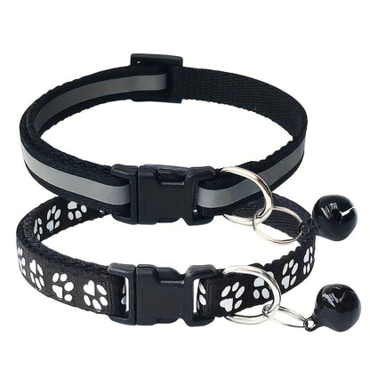 Reflective Pet Collar with Bell 2pcs Set - Adjustable Striped Polyester Cat & Dog Collar with Paw Print Design, Safety Breakaway Buckle, 10 Colors for Small Dogs and Cats, One Size