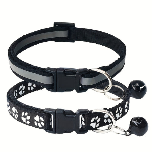 Reflective Pet Collar with Bell 2pcs Set - Adjustable Striped Polyester Cat & Dog Collar with Paw Print Design, Safety Breakaway Buckle, 10 Colors for Small Dogs and Cats, One Size