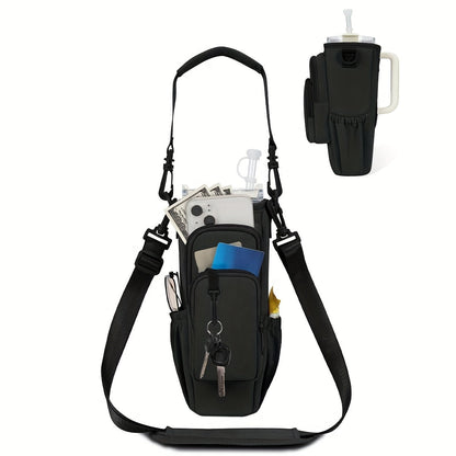 40oz Insulated Water Bottle Sling Bag with Straw Lid & Handle – Hands-Free Carrier with Phone Pocket Zippered Compartments Adjustable Strap for Dog Walking Gym Travel Outdoor Men Women