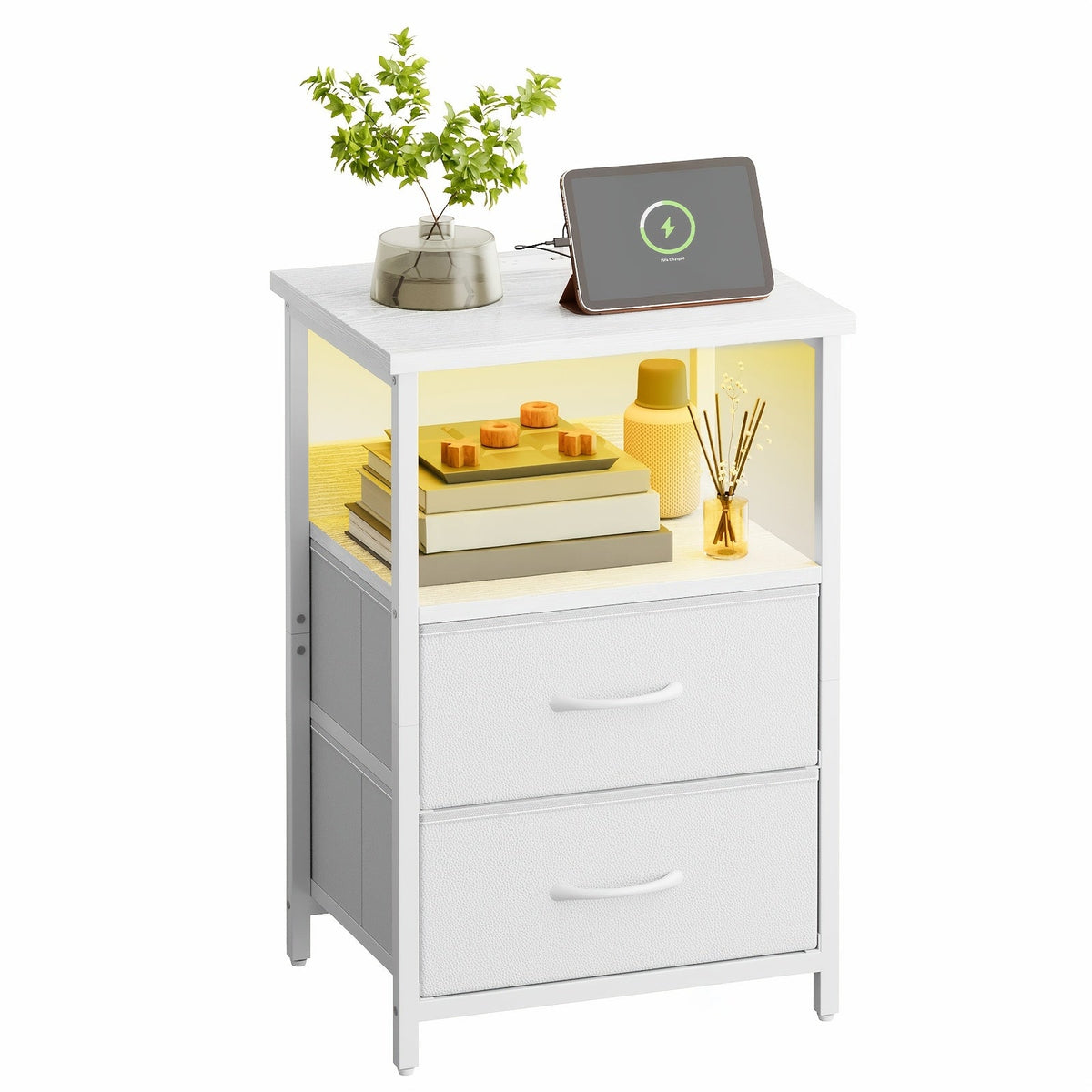 LED Nightstand with Charging Station - 1/2/3/4 Drawers, RGB App-Controlled Music-Sync Lighting, Metal Frame, Fabric Drawers & PU Finish, Adjustable Legs, 2 AC Outlets - 1 or 2 Pack - Bedroom & Living Room - Black, White, Gray & Brown
