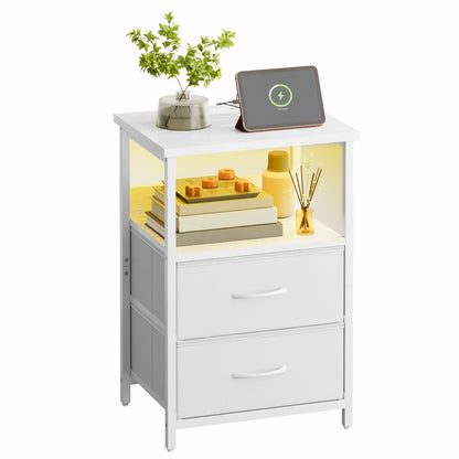 LED Nightstand with Charging Station - 1/2/3/4 Drawers, RGB App-Controlled Music-Sync Lighting, Metal Frame, Fabric Drawers & PU Finish, Adjustable Legs, 2 AC Outlets - 1 or 2 Pack - Bedroom & Living Room - Black, White, Gray & Brown