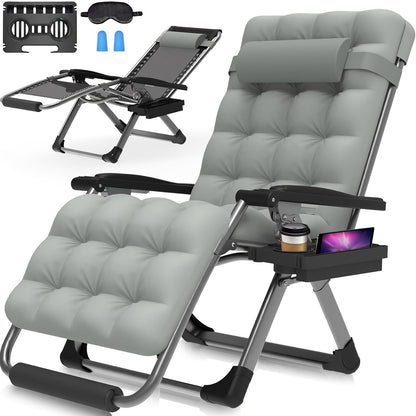 Oversized XXL Zero Gravity Chair, 33", 500 Lb Capacity, 1.6" Steel Pipes, 90°-170° Aluminum Lock Recliner, Removable Cushion & Headrest, Footrest, Cup Holder, Eye Mask & Earplugs, for Outdoor Camping, Patio & Beach