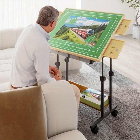 Adjustable Puzzle Table with Legs – 35"x26" Wooden Jigsaw Puzzle Board with 5 Tilt Angles, 6 Drawers, Protective Cover & 4 Wheels for Adults, Fits Up to 1500 Pieces