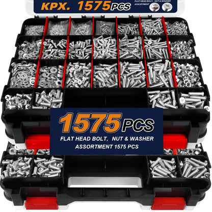 1575-Piece Nut & Bolt Assortment Set - Phillips & Flat Head Screws, Nuts, Bolts & Washers with Double-Sided Storage Case - 10 Colors