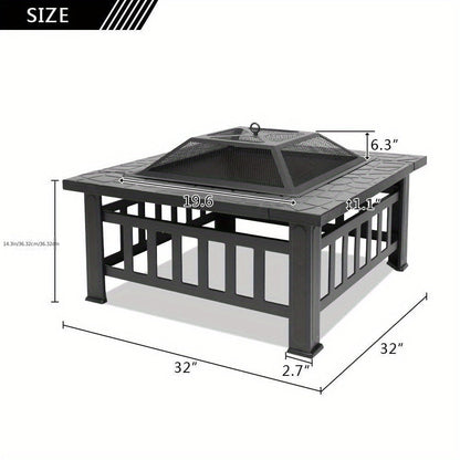 32-Inch Metal Outdoor Fire Pit with Mesh Screen Lid & Ash Fork – Wood Burning Backyard Fire Pit for Garden, Patio & Cozy Outdoor Gatherings, Durable Black Steel – Nova Mart