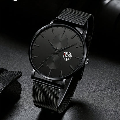 Men's Classic Quartz Watch with Stainless Steel Mesh Band – Black Dial Analog Digital Display, Date Day Stopwatch Chronograph, Scratch-Resistant Glass, Elegant Minimalist Dress Watch for Everyday Formal Wear, 5 Colors