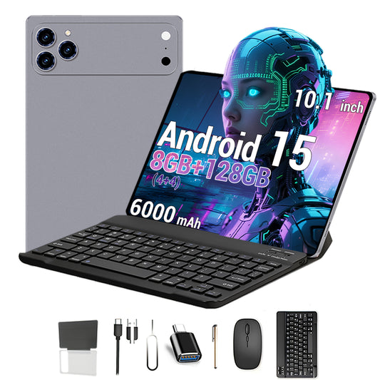 2-in-1 Business Tablet 10.1 Inch HD Android 15 8GB RAM 128GB Storage 6000mAh Battery with Keyboard Mouse Dual-Band WiFi Lightweight Portable for Work Travel Office