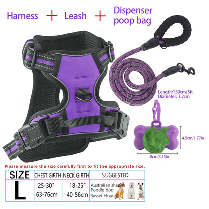 4-Piece Dog Harness and Leash Set No-Pull No-Choke Reflective Oxford Vest Harness with Leash Poop Bag Dispenser Easy Control Handle for Medium Large Dogs Outdoor Training Walking