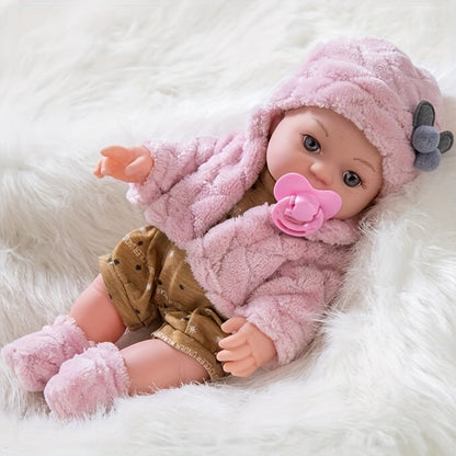 12 Inch Reborn Baby Doll Pink Plush Clothes Soft Body Newborn Doll with Hat Socks Pacifier Realistic Lifelike Baby Toy for Girls Toddlers Birthday Christmas Festival Gift