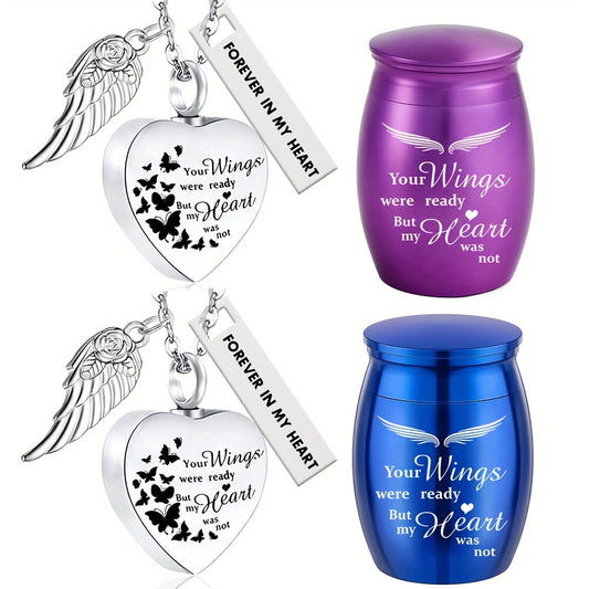 Heart Cremation Urn Necklace 2 Pack - Keepsake Jewelry for Human & Pet Ashes, Sharing Memorial Ashes Holder Pendant Set, Your Wings Were Ready But My Heart Was Not