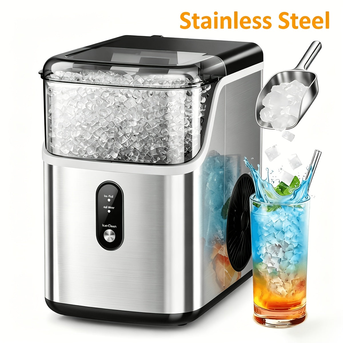 Portable Countertop Ice Maker - Bullet & Nugget Pebble Ice, 26-35 lbs/Day, Self-Cleaning, One-Touch, Sonic Ice Making - Kitchen, Office & Home Bar - Black & Stainless Steel