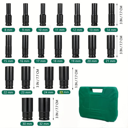 1/2" Drive Metric Deep Impact Socket Set – Chrome Vanadium Steel 8mm-32mm, Extended Hex Socket for Electric Wrench & Automotive Repair, 10-Pack or 20-Pack