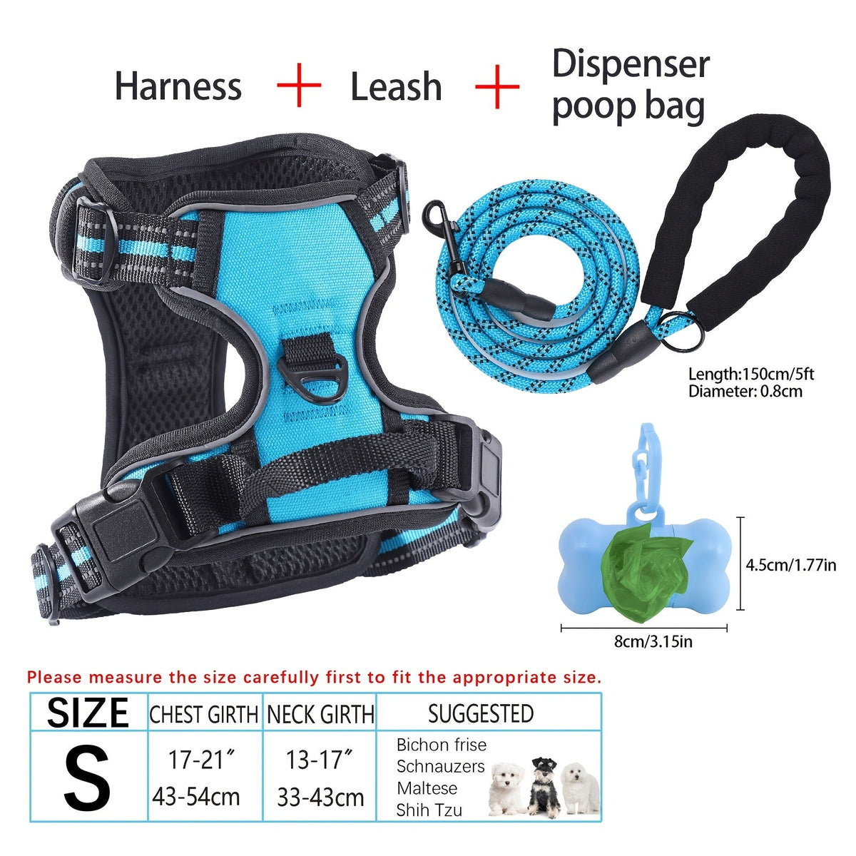 4-Piece Dog Harness and Leash Set No-Pull No-Choke Reflective Oxford Vest Harness with Leash Poop Bag Dispenser Easy Control Handle for Medium Large Dogs Outdoor Training Walking