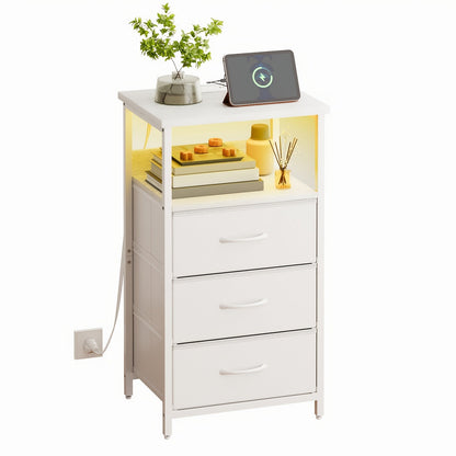 LED Nightstand with Charging Station - 1/2/3/4 Drawers, RGB App-Controlled Music-Sync Lighting, Metal Frame, Fabric Drawers & PU Finish, Adjustable Legs, 2 AC Outlets - 1 or 2 Pack - Bedroom & Living Room - Black, White, Gray & Brown