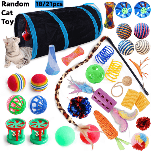 Cat Toys 18-21 Piece Variety Pack – Random Color Style & Material Kitten Toy Assortment, Interactive Feather Balls & Teaser Toys for Indoor Cats, No Battery Required, Fun Gift Set for Cat Lovers