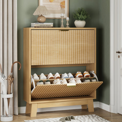 Slim Fluted Shoe Cabinet with 2 Flip Drawers, Adjustable & Removable Shelves, Narrow Entryway Shoe Organizer for Hallway Foyer Living Room Small Spaces, Modern Hidden Shoe Storage