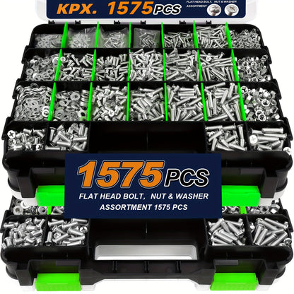 1575-Piece Nut & Bolt Assortment Set - Phillips & Flat Head Screws, Nuts, Bolts & Washers with Double-Sided Storage Case - 10 Colors