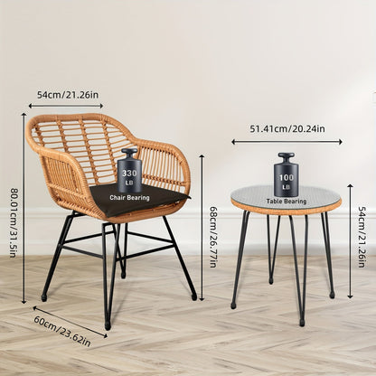 3-Piece Outdoor Rattan Patio Bistro Set with Glass Top Table & Washable Cushions for Garden Terrace Deck & Poolside – Beige or Black