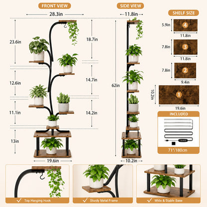 8-Tier Indoor Plant Stand with Grow Lights – Tall Metal Plant Rack with Wooden Shelves Full Spectrum LED Timer for Living Room Bedroom Balcony