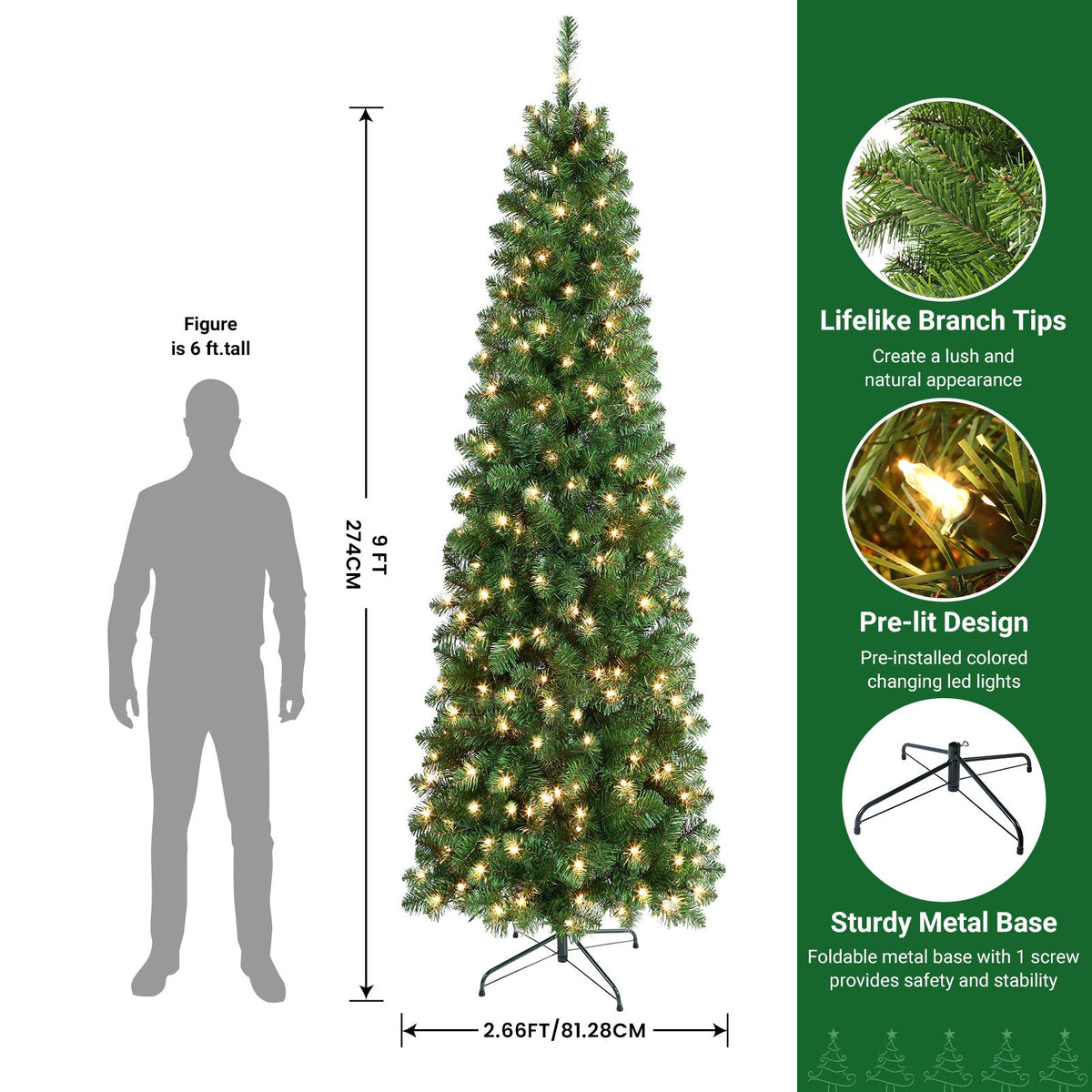 Pre-Lit Slim Pencil Christmas Tree – Artificial Hinged Xmas Tree with Warm White Lights Full Branch Tips Stable Metal Stand Easy Assembly in 4FT to 9FT + Bonus Tinsel Garland