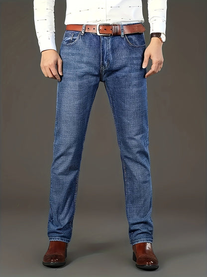 Men's Solid Denim Jeans - Straight Leg, Slight Stretch, Light Business Style - Outdoor, Casual & Daily Wear - Waist 30–40 - Sky Blue & Black Gray