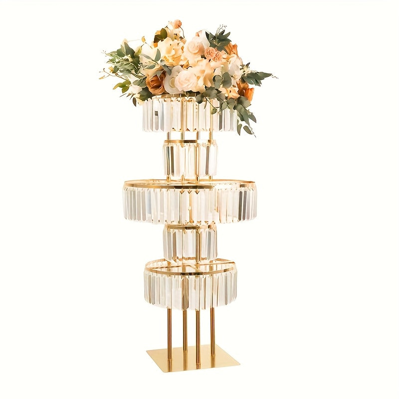 5-Tier Crystal Chandelier Flower Stand – Metal Pedestal with Hanging Crystals for Wedding Centerpiece T-Stage Road Lead Event & Holiday Decoration