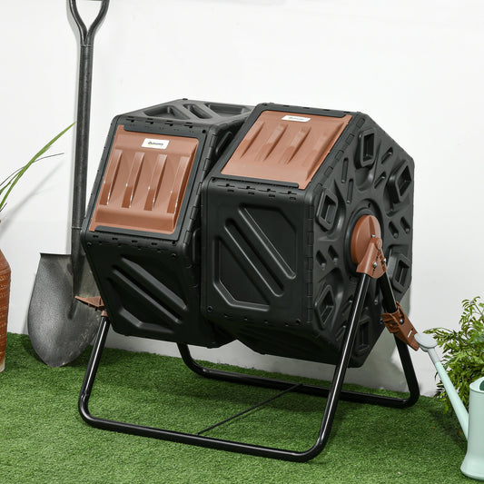 34.5-Gallon Dual Chamber Rotating Compost Tumbler, 360° Spin, 24 Ventilation Openings, Lock Brake, Anti-Clump Divider Bar, Steel Legs, 26.4"x23.6"x30.3", Compost Ready in 1-3 Months, Brown