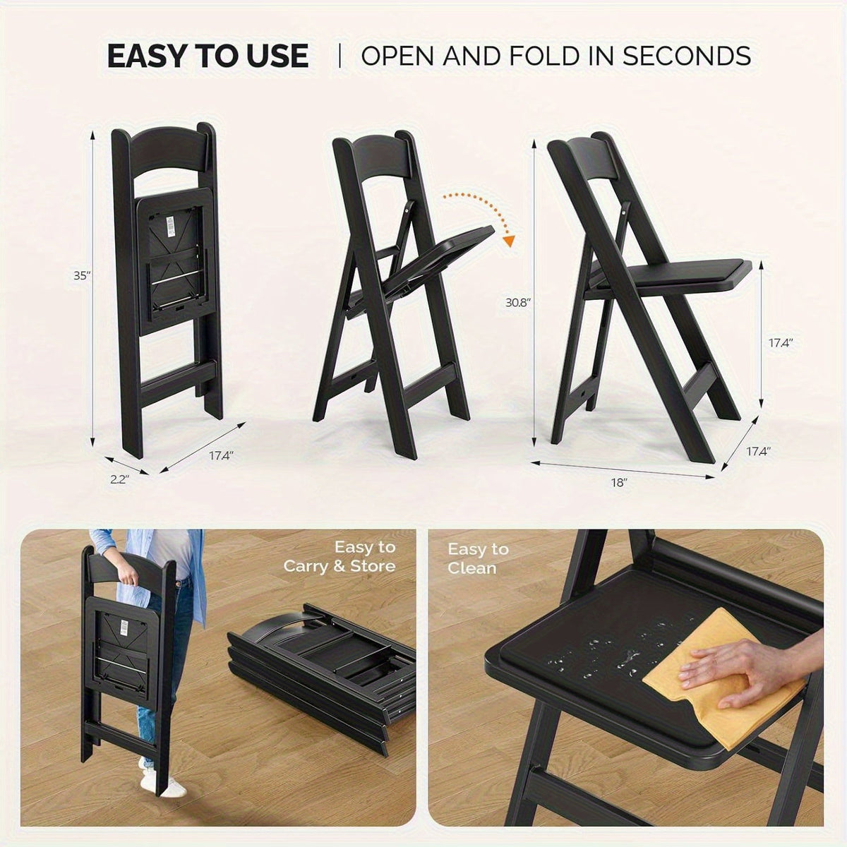 Resin Folding Chairs with Cushioned Seats – Foldable Plastic Padded Chair for Indoor Outdoor Events Weddings BBQ Camping Patio in White & Black (Set of 1 2 4 or 8)