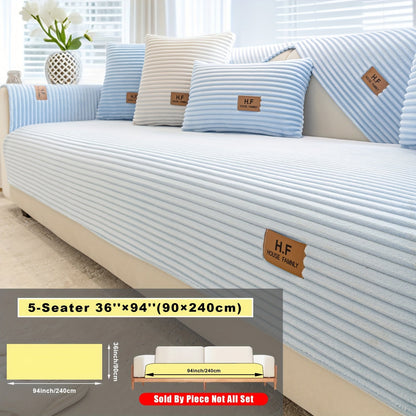 Short Plush Striped Sofa Cover & Cushion - All-Season, Pet-Friendly & Non-Slip - Armchair, Loveseat, 3/4/5-Seater, Backrest, Armrest & Pillowcase - White, Dark Gray, Light Gray, Coffee & Blue