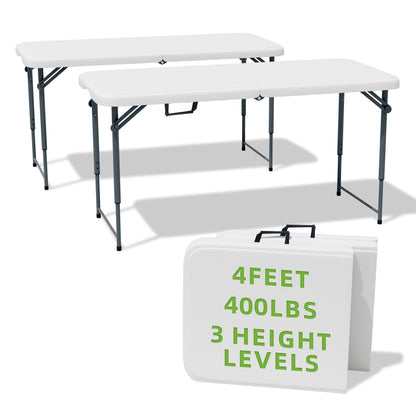 Folding Table 4 Foot Heavy Duty 400 LBS Capacity – 3-Position Adjustable Height Portable Fold-in-Half Table for Camping Party Indoor Outdoor Use 1 or 2 Pack