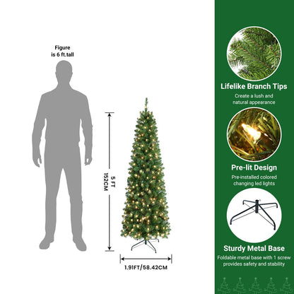 Pre-Lit Slim Pencil Christmas Tree – Artificial Hinged Xmas Tree with Warm White Lights Full Branch Tips Stable Metal Stand Easy Assembly in 4FT to 9FT + Bonus Tinsel Garland
