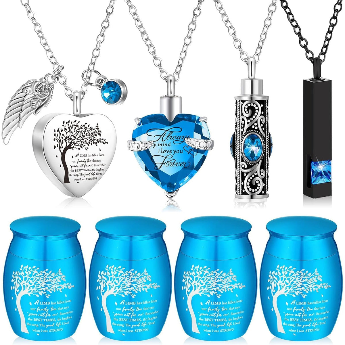 8-Piece Small Cremation Urns for Ashes – Alloy Keepsake Ash Holder Set with Family Tree Memorial Heart Locket Pendant for Adults Men & Women, Burial & Cremation Remembrance Gift, 8 Colors