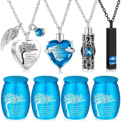 8-Piece Small Cremation Urns for Ashes – Alloy Keepsake Ash Holder Set with Family Tree Memorial Heart Locket Pendant for Adults Men & Women, Burial & Cremation Remembrance Gift, 8 Colors