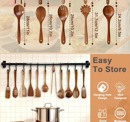 10-Piece Natural Teak Wooden Kitchen Utensils Set - Cooking Spoons, Spatulas & Shovel, Non-Stick Safe, Heat Resistant, Eco-Friendly Wood Cookware Tools for Home Kitchen