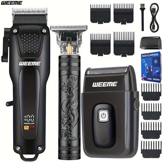 Men's Grooming Set - Professional Hair Clipper, Cordless Shaver & Beard Trimmer - LCD Display & USB Fast Charge - 2-Piece & 3-Piece - Black - Gift for Dad, Husband & Groom