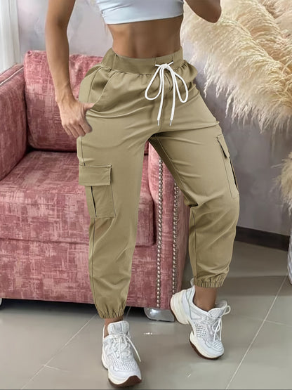 Cargo Pants Women Drawstring Waist Multiple Pockets Frayed Hem All-Season Comfort Fit Casual Wear - Black Khaki Olive Grey Navy Dark Gray S M L XL XXL Woven Stretch Fabric