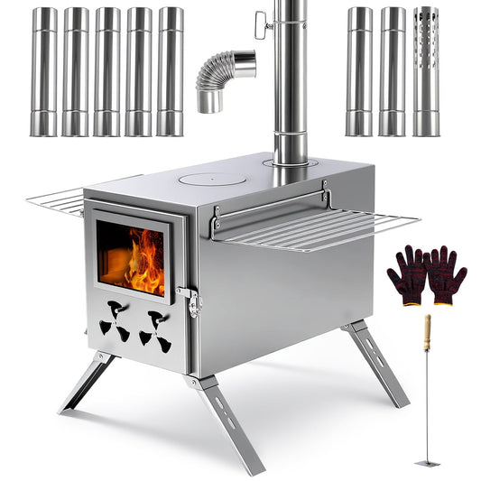 MOPHOTO Hot Tent Stove Portable Stainless Steel Wood Burning Camp Stove with 7 Chimney Pipes for Wall Tent Camping Cooking Ice Fishing & Hunting – Large