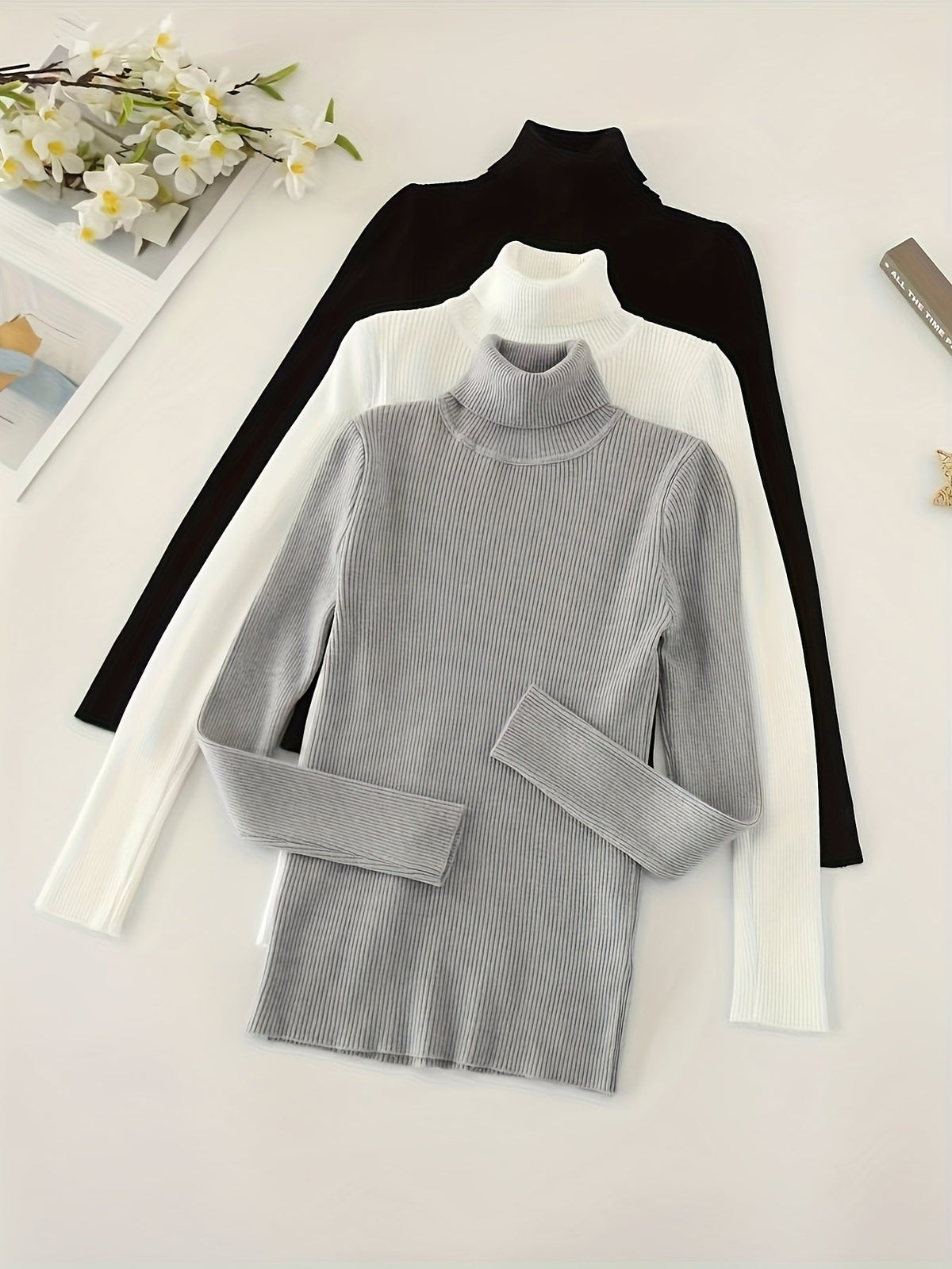 Women's 3-Piece High Collar Pullover Set – Soft High-Stretch 60% Elastane Solid Color Turtleneck Tops Bundle in Mixed Colors for Everyday Wear