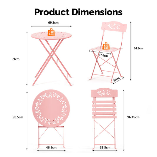 3-Piece Outdoor Folding Bistro Set, Bistro Table & 2 Chairs, Olive Leaf Cutout Design, Cushions Included, Foldable Patio Furniture, for Balcony, Garden, Porch & Yard, Pink/Black/Green/Yellow