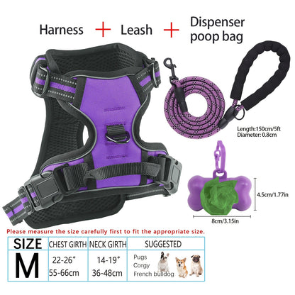 4-Piece Dog Harness and Leash Set No-Pull No-Choke Reflective Oxford Vest Harness with Leash Poop Bag Dispenser Easy Control Handle for Medium Large Dogs Outdoor Training Walking