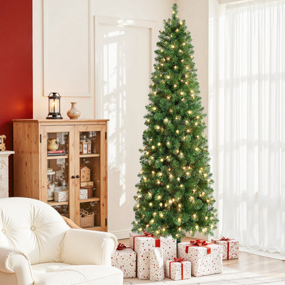Pre-Lit Slim Pencil Christmas Tree – Artificial Hinged Xmas Tree with Warm White Lights Full Branch Tips Stable Metal Stand Easy Assembly in 4FT to 9FT + Bonus Tinsel Garland