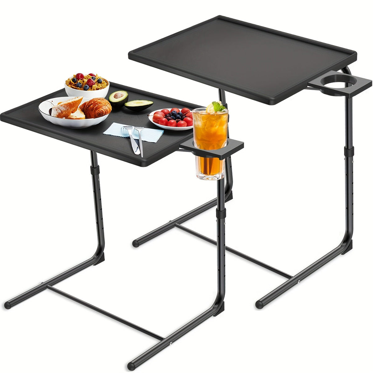 Set of 2 Adjustable TV Tray Tables 6 Height Settings & 3 Tilt Angles Folding Sofa Bed Dining Laptop & Camping Table Portable Space-Saving – Black