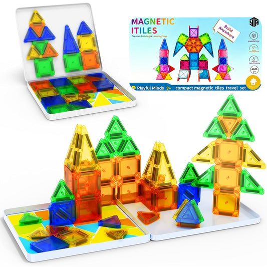 Mini Magnetic Tiles Travel Set with Tin Box for Kids - Portable Magnetic Building Blocks Toy for Boys and Girls Ages 3+, STEM Creative Construction Kit, 26 or 32 Piece Set, Birthday & Christmas Gift