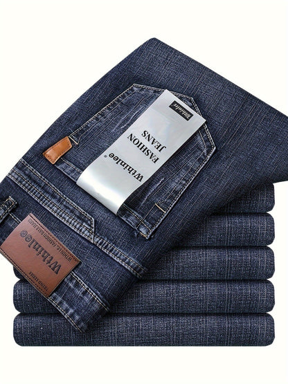 Men's Solid Denim Jeans - Straight Leg, Slight Stretch, Light Business Style - Outdoor, Casual & Daily Wear - Waist 30–40 - Sky Blue & Black Gray