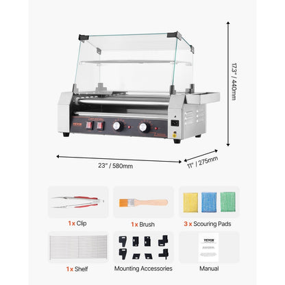 VEVOR Hot Dog Roller Machine 12 Hot Dogs 5 Stainless Steel Rollers Dual Temperature Control Glass Cover Storage Box & Removable Drip Tray for Food Stands Parties & Restaurants – Silver