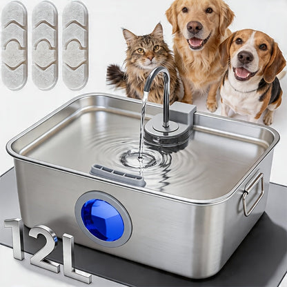IDEAZOOS Large Dog Water Fountain 12L / 3.17 Gal - 304 Stainless Steel, Ultra Quiet, Water Level Window, Dry Burn Protection, Red/Blue Indicator - Easy to Clean, No Battery - Multi-Pet